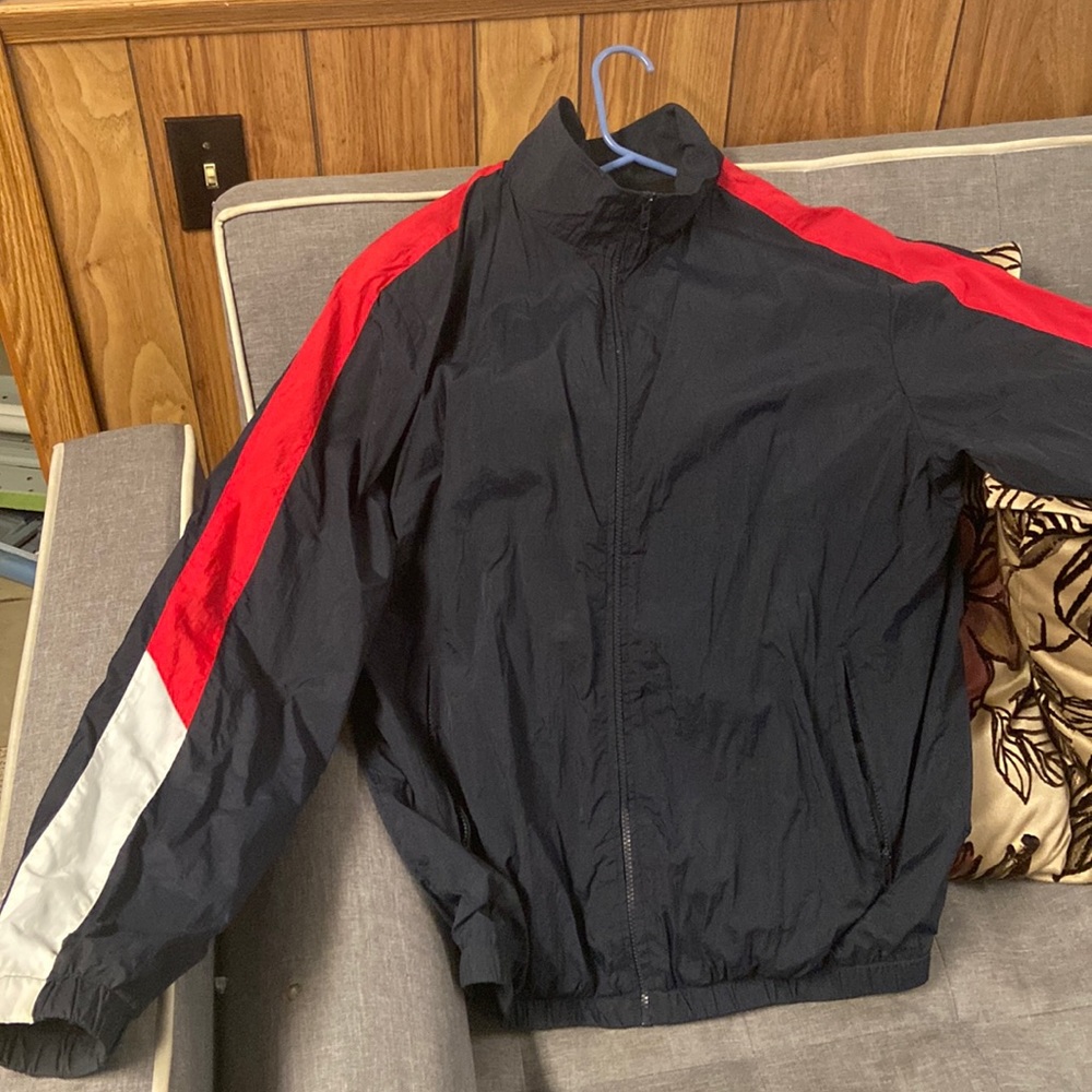 Dark blue red and white wind breaker